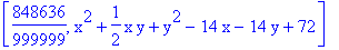 [848636/999999, x^2+1/2*x*y+y^2-14*x-14*y+72]